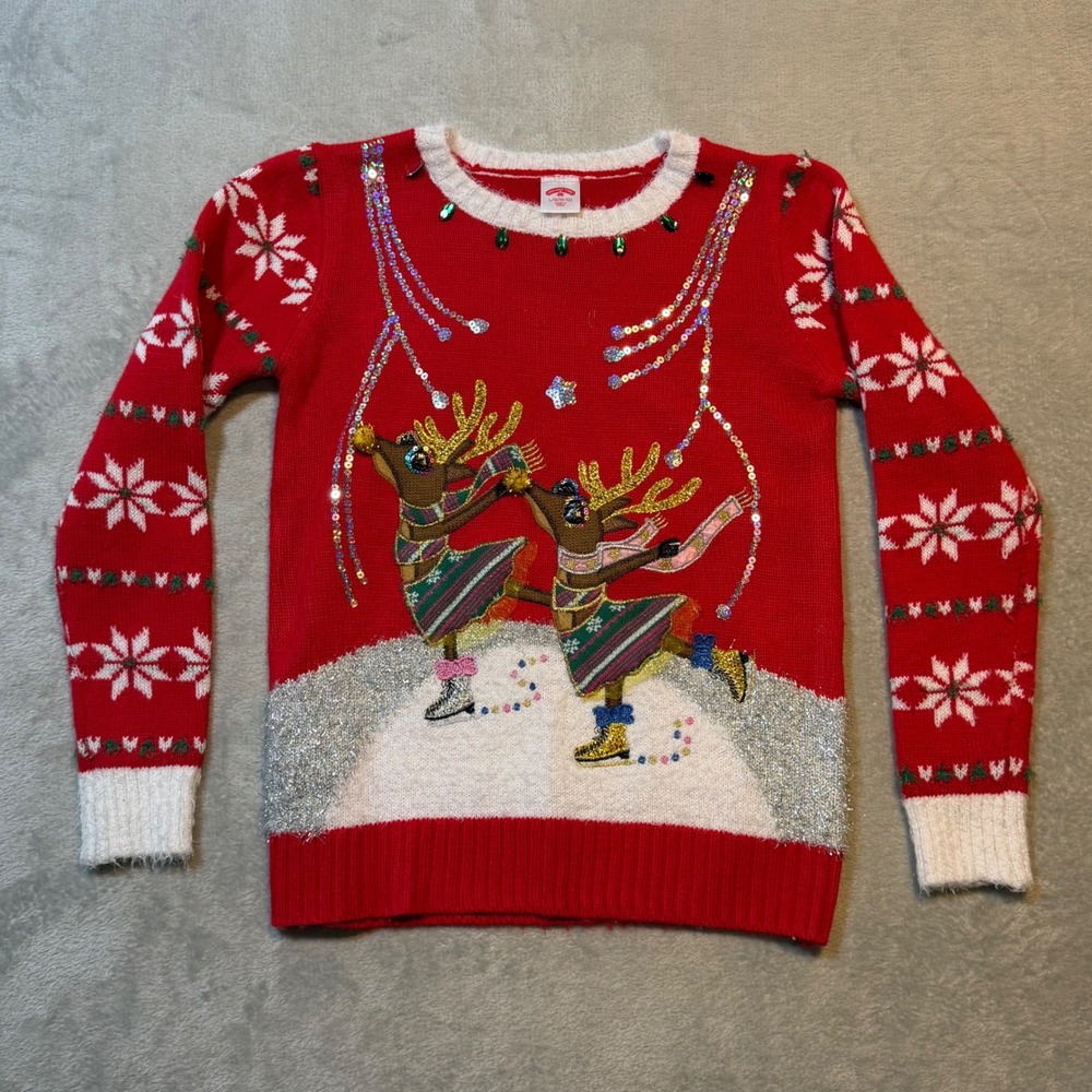 Holiday Time Girls Red Ice Skating Reindeer Ugly Christmas Sweater Size L 10-12